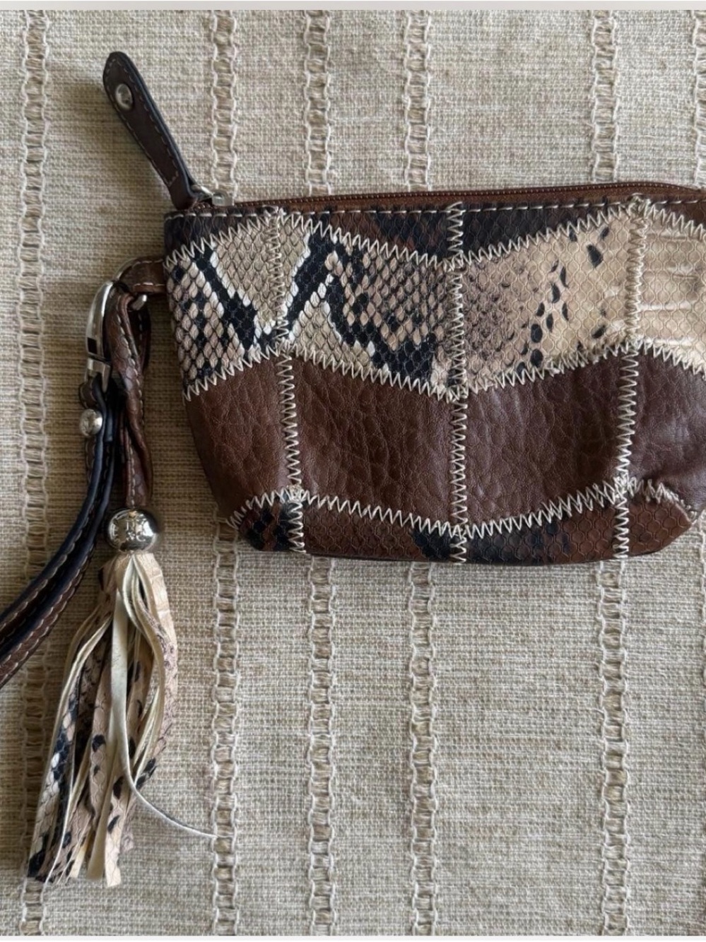 New York & Company Brown Patchwork Snake-Print Wristlet with Tassel